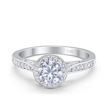 14K White Gold Halo Round Bridal Wedding Engagement Ring Simulated CZ Size-7